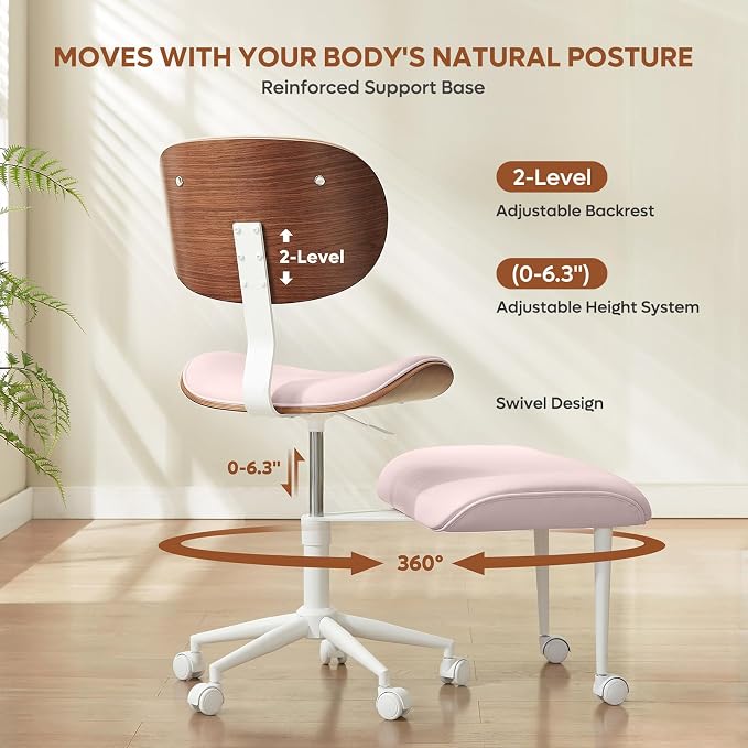 Bestier Ergonomic Cross Legged Office Chair for Women, Meditation Chair with Wider Back Support for Adults, 360° Swivel Office Chair with Wheels, Adjustable Height for ADHD Girl Pink PU Leather