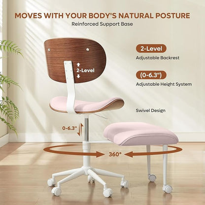 Bestier Ergonomic Cross Legged Office Chair for Women, Meditation Chair with Wider Back Support for Adults, 360° Swivel Office Chair with Wheels, Adjustable Height for ADHD Girl Pink PU Leather