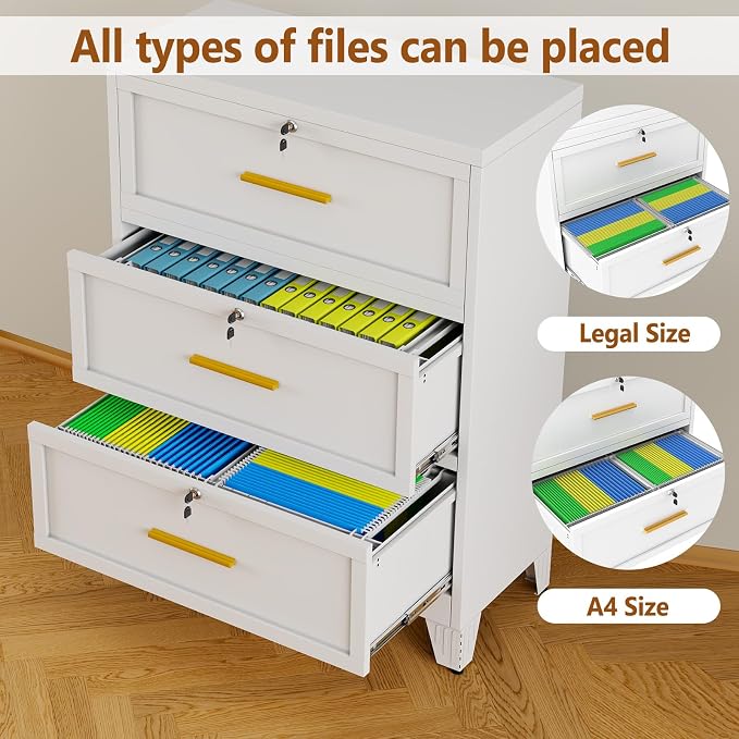 Metal Lateral File Cabinet with Lock,3 Drawer Steel Wide Filing Organization Storage Cabinets for Legal/Letter/A4/F4 Size with Hanging Files&Key,Lockable Printer Stand for Home Office, White