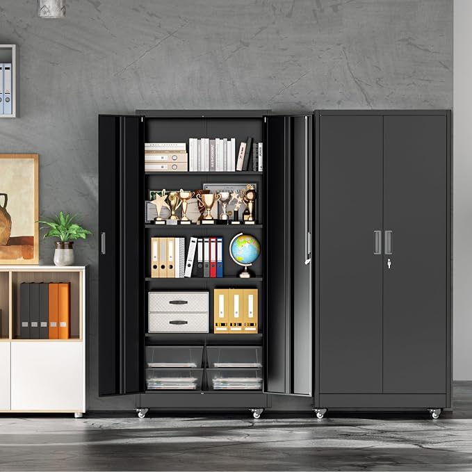 INTERGREAT Metal Storage Cabinet with Wheels, 72" Garage Storage Cabinets with Door and 4 Shelves, Tool Storage Locker on Caster for Home, Office, Black