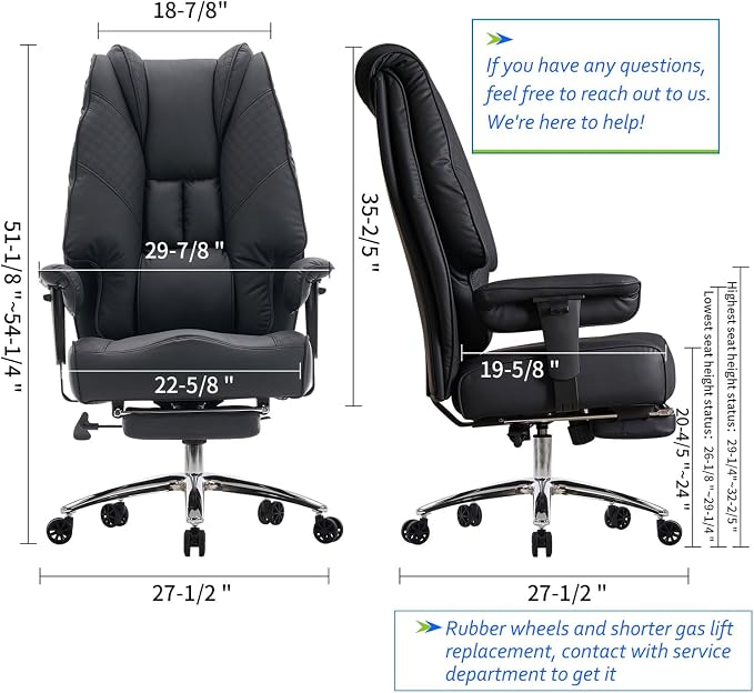 EXCEBET Big and Tall Office Chair 400lbs Wide Seat, Leather High Back Executive Office Chair with Foot Rest, Ergonomic Chairs Lumbar Support for Lower Back Pain Relief (Black)