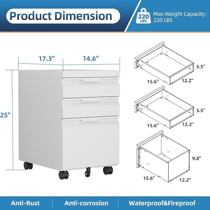 3 Drawer White Mobile File Cabinet with Wheels, Metal Small Filing Cabinets for Home Office Organizer,Rolling Filing Cabinets Under Desk Storage for Letter/Legal/A4 Files