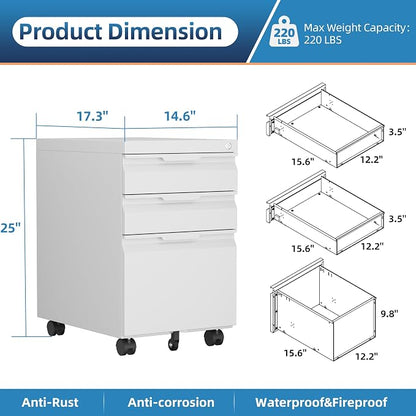 3 Drawer White Mobile File Cabinet with Wheels, Metal Small Filing Cabinets for Home Office Organizer,Rolling Filing Cabinets Under Desk Storage for Letter/Legal/A4 Files