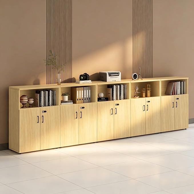 File Cabinet with Password Lock, Wood Lateral Filing Cabinet for Letter/A4 Files, 3 Drawer with Door, Printer Stand with Open Shelves for Home Office