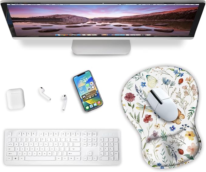 Flower Mouse Pad with Wrist Rest Ergonomic Mousepad Middle Concave Office | Butterfly Wrist Support for Women, Desk Accessories, Gaming, Work, Home, Non-Slip Base, for Wireless Mouse Computer Laptop