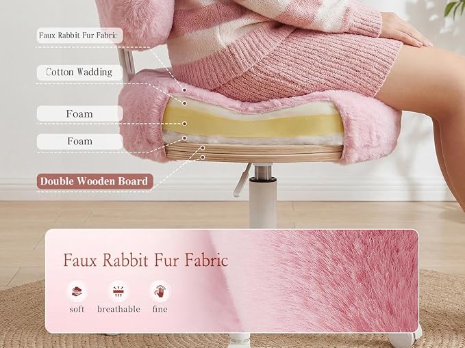 Homkdom Vanity Chair with Bow Back for Bedroom Faux Rabbit Fur Pink | High-Density Foam, Height Adjustable, swivel, 300 lbs,easy assembly for Teens， Make-up Room, Bedroom, Dorm, Study Room