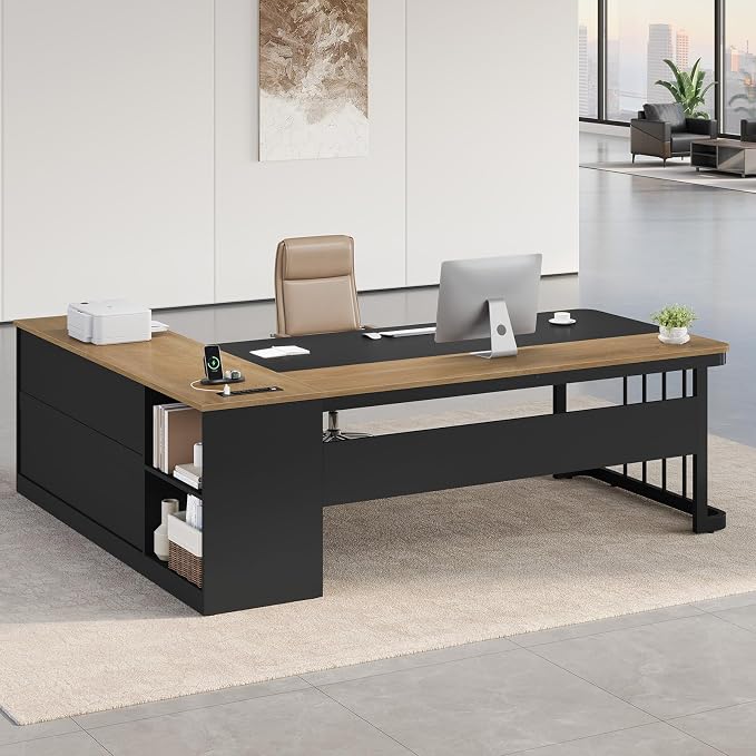 UPOSOJA 71" Executive Desk, Large Office Desk with Drawers & Storage Shelves, Modern L Shaped Computer Desk Corner Desk with Power Outlets, File Cabinet, Business Furniture Desk Workstation (Oak)