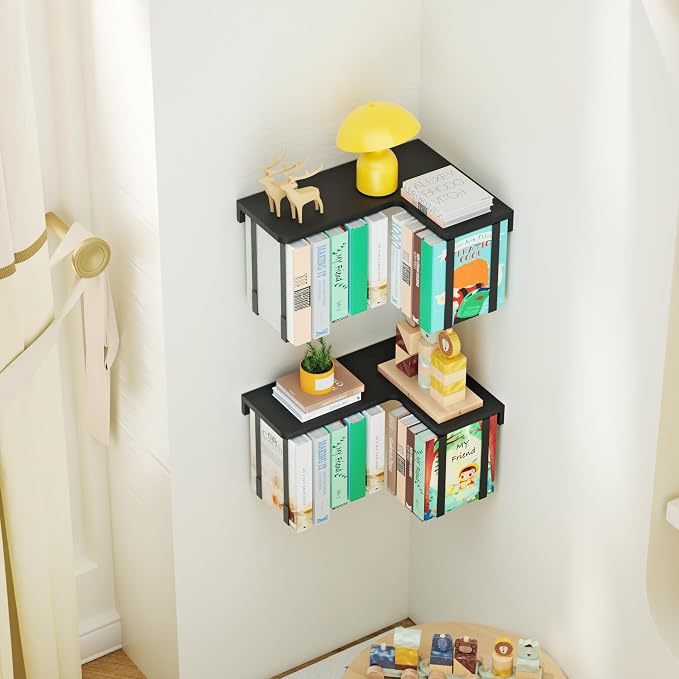 L-Shaped Corner Floating Shelves Set of 2, Floating Book Shelves for Wall | Pine Wood Wall Mount Floating Bookshelf with Hanging Strap Holds 9 Books, Hanging Hookshelf Display Shelf for Home Wall Decor