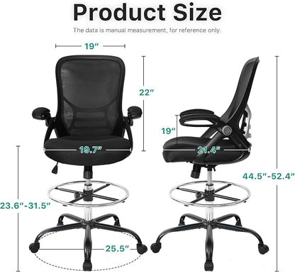 HYLONE Drafting Chair Tall Office Chair High-Back Mesh Standing Desk Stool with Adjustable Footrest Ring and Flip-Up Arms Black