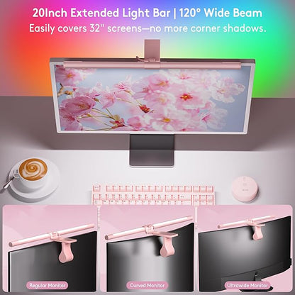 Quntis 20" Pink RGB Monitor Light Bar, 15 Gaming Backlight Modes, Eye-Care No Glare, Adjustable Frontlight Brightness & Color Temperature Remote Control, Modern Aesthetic USB Reading Monitor Lamp