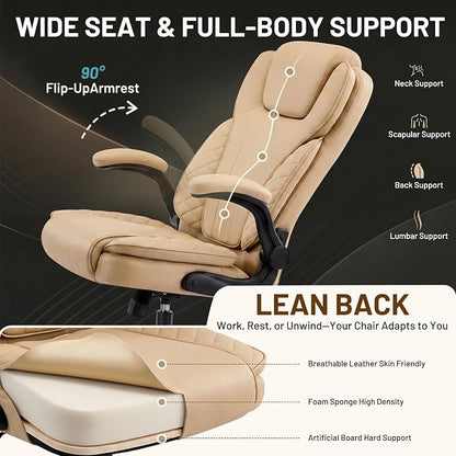Ergonomic Office Chair, PU Leather High Back Executive Chair with Adjustable Inflatable Lumbar Support and Padded Flip-Up Arms, Recline Swivel Task Computer Chair for Home Office, Khaki