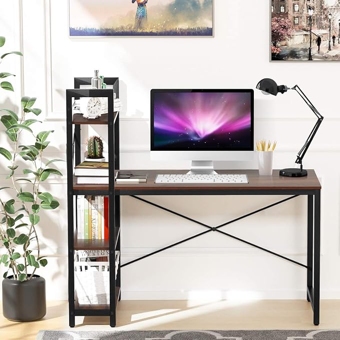 Tangkula Computer Desk with 4 Tier Shelves, Study Writing Desk with Storage Bookshelves, Modern Compact Home Office Workstation, 47.5" Tower Desk with Steel Frame & Adjustable Feet Pad, Teak
