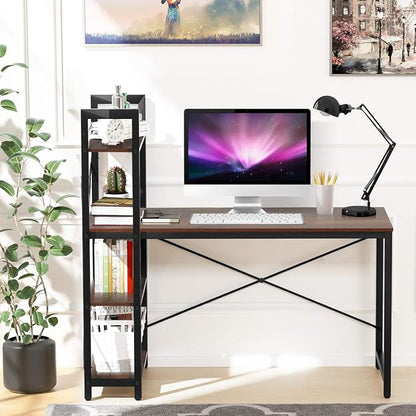 Tangkula Computer Desk with 4 Tier Shelves, Study Writing Desk with Storage Bookshelves, Modern Compact Home Office Workstation, 47.5" Tower Desk with Steel Frame & Adjustable Feet Pad, Teak