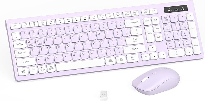 Wireless Keyboard and Mouse Combo, Full-Sized Wireless Keyboard and Adjustable DPI Mouse, 2.4GHz USB Receiver, Keyboard and Mouse for PC, Windows, Desktop, Laptop (Light Purple)