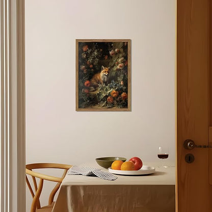 Vintage Fox Canvas Wall Art, Dark Academia Floral Decor, Nature Botanical Animal Painting, Farmhouse Fox Picture Print, Aesthetic Wall Decor for Living Room Bedroom 8x10 inch Wood Framed