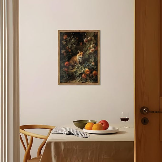 Vintage Fox Canvas Wall Art, Dark Academia Floral Decor, Nature Botanical Animal Painting, Farmhouse Fox Picture Print, Aesthetic Wall Decor for Living Room Bedroom 8x10 inch Wood Framed