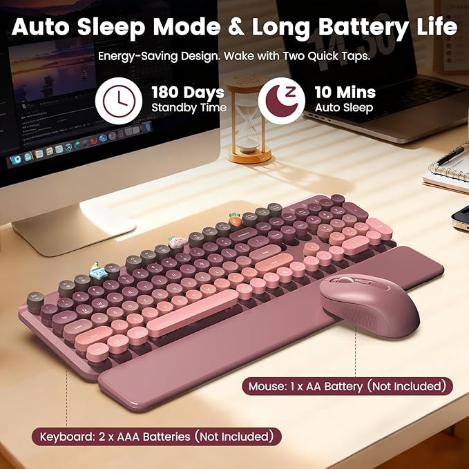 Wireless Keyboard and Mouse Combo, Cute Retro Typewriter Keyboard with Round Keycaps, Magnetic Wrist Rest, Full-Size Aesthetic Design, 2.4GHz Wireless for Mac, Windows PC, SABLUTE CK23, Pink Gradient