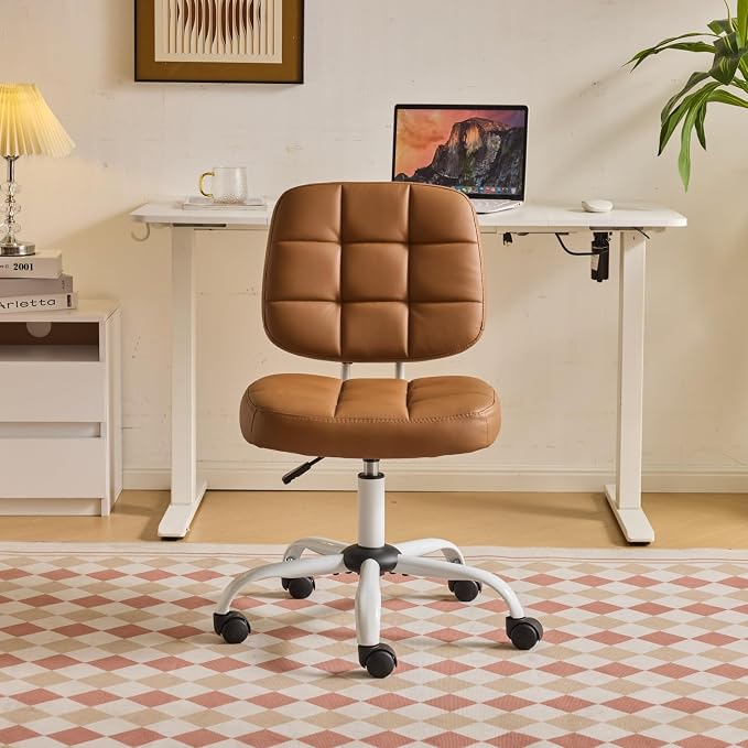 VINGLI Compact Small Desk Chair, Cute Armless Chair with Wheels, Vanity Chair with Low Back, Height Adjustable Task Chair for Small Spaces, Office, Bedroom, Make Up Room, PU Leather, Brown