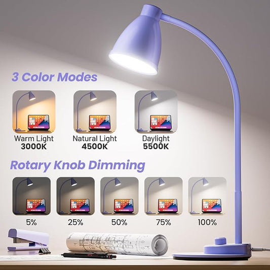 BOHON LED Desk Lamp with USB Charging Port, 3 Color Modes Dim, Lilac Purple | Reading Lamp, Auto Dimming Task Lamp, Flexible Neck Table Light for Office Dorm Bedside, Adapter Include