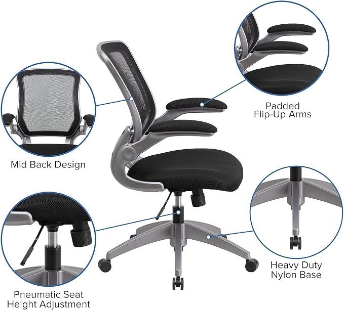 Flash Furniture Kale Mid-Back Black Mesh Swivel Ergonomic Task Office Chair with Gray Frame and Flip-Up Arms