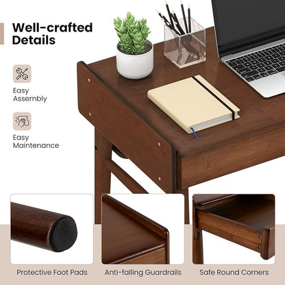 Giantex Mid Century Modern Desk, 39.5" Bamboo Computer Desk with 2 Drawers and Open Storage Shelf, Makeup Vanity Table, Wood Computer Workstation, Vintage Writing Desk for Bedroom, Walnut
