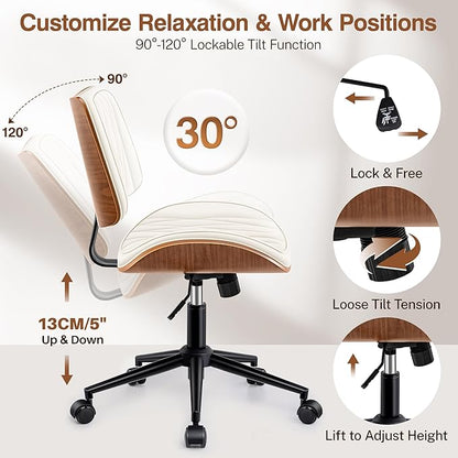 Ergonomic Armless Office Desk Chair - Mid-Century Modern White Faux Leather with Diamond Stitch, Adjustable Height Swivel Rolling Task Computer Chair with Walnut Accent for Home Office, Study & Work