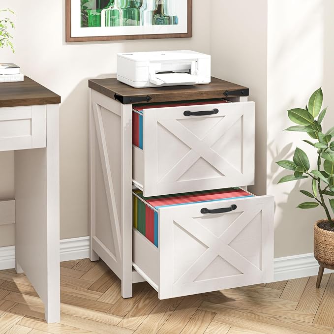 Halitaa Farmhouse File Cabinet, Vertical Under Desk Wooden Storage with 2 Drawers, Small Filing Cabinet Fits Letter and A4 Size for Home Office, Printer Stand, White and Brown