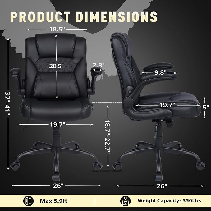 Home Office Chair with Lumbar Support, 5" Thickened Seat, Small PU Leather Rocking Desk Chair, Comfy Computer Chairs with Rolling Wheels & Adjustable Armrests for Adults, Black