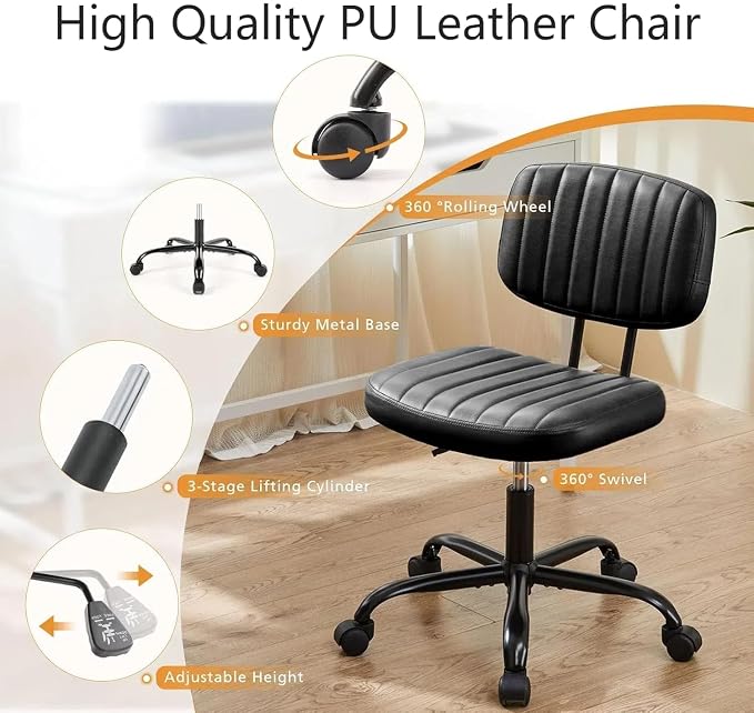 HealSmart Small Office Desk Chair with Wheels, Armless Desk Chair with Lumbar Support, PU Leather Low Back Adjustable Height 360° Rolling Swivel Task Chair Without Arm for Home, Bedroom,Office, Black
