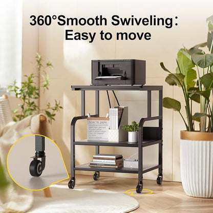 Large Printer Stand with 3-Tier Wood Storage Shelves - Multi-Purpose Desk Organizer for Printer Scanner Fax Home Office Use with Wheels (Jet Black)