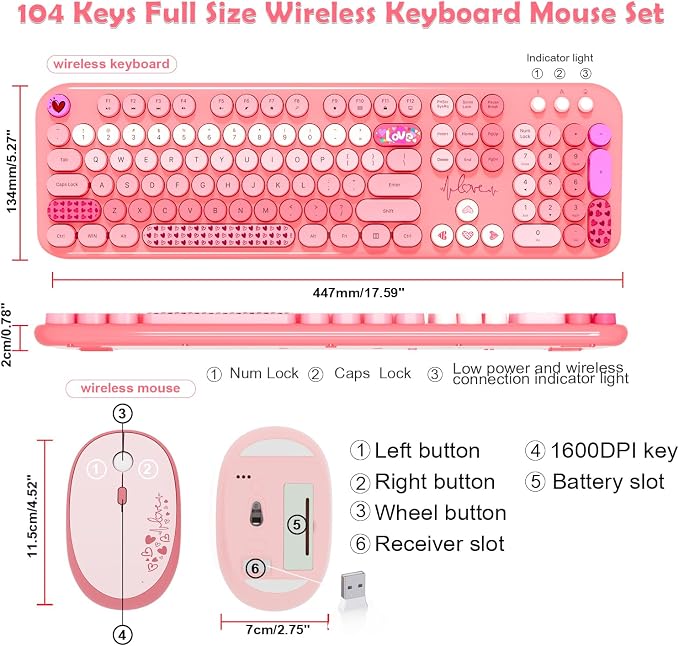 Wireless Keyboard Mouse,104 Full Size Cute Colorful Keyboard and Mouse with Retro Typewriter for PC/Mac/Laptop/Tablet/Computer/Windows/Microsoft, Pink