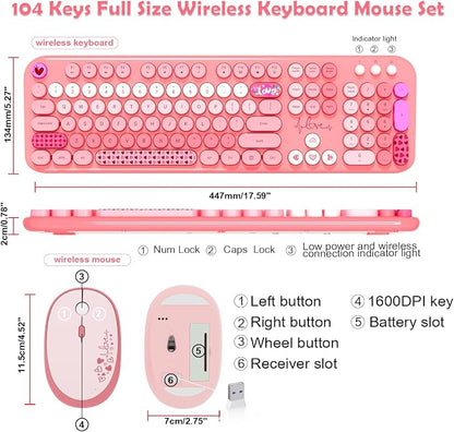 Wireless Keyboard Mouse,104 Full Size Cute Colorful Keyboard and Mouse with Retro Typewriter for PC/Mac/Laptop/Tablet/Computer/Windows/Microsoft, Pink