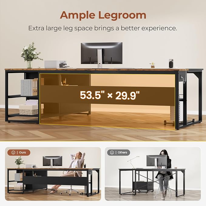 UPOSOJA 71" Executive Desk, Large Office Desk with Widen File Drawers & Power Outlets, Reversible L Shaped Computer Desk Corner Desk with Storage Shelves, CPU Stand, Hooks, Business Furniture