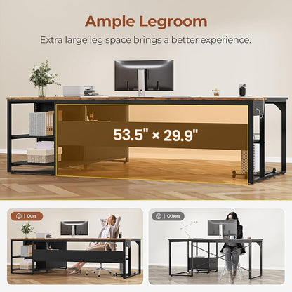 UPOSOJA 71" Executive Desk, Large Office Desk with Widen File Drawers & Power Outlets, Reversible L Shaped Computer Desk Corner Desk with Storage Shelves, CPU Stand, Hooks, Business Furniture