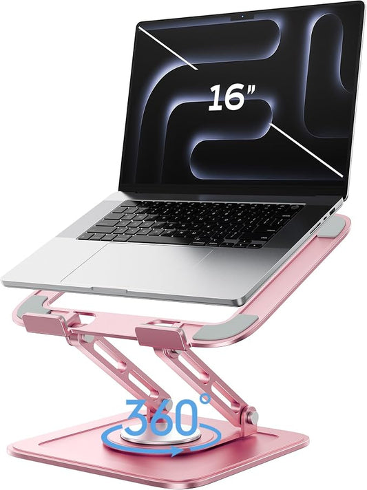 LOXP Adjustable Laptop Stand, Computer Stand with 360 Rotating Base, Ergonomic Laptop Riser Mount for Desk Foldable Protable Computer Desk Fits with MacBook Pro Air (10-16") - Pink