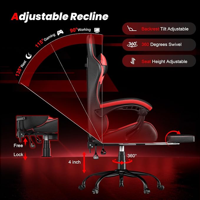 Gaming Chair with Footrest, Ergonomic Video Game Chair with Headrest and Lumbar Support, 400 lbs Adult Chair, Height Adjustable 360° Swivel High Back Reclining Computer Chair for Home Office (Red)