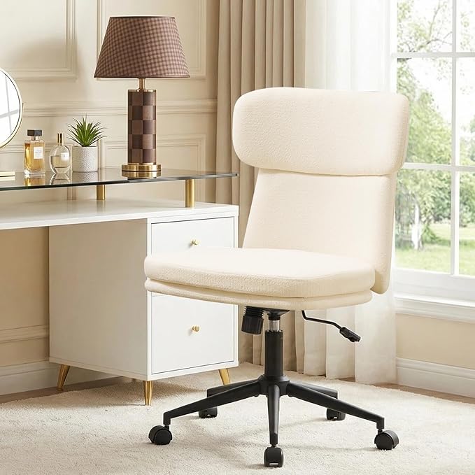 Furniliving Armless Office Chair, Upholstered Chenille Desk Chair with Wheels, Adjustable Swivel Computer Vanity Chair with Double-Layer Cushion, Beige
