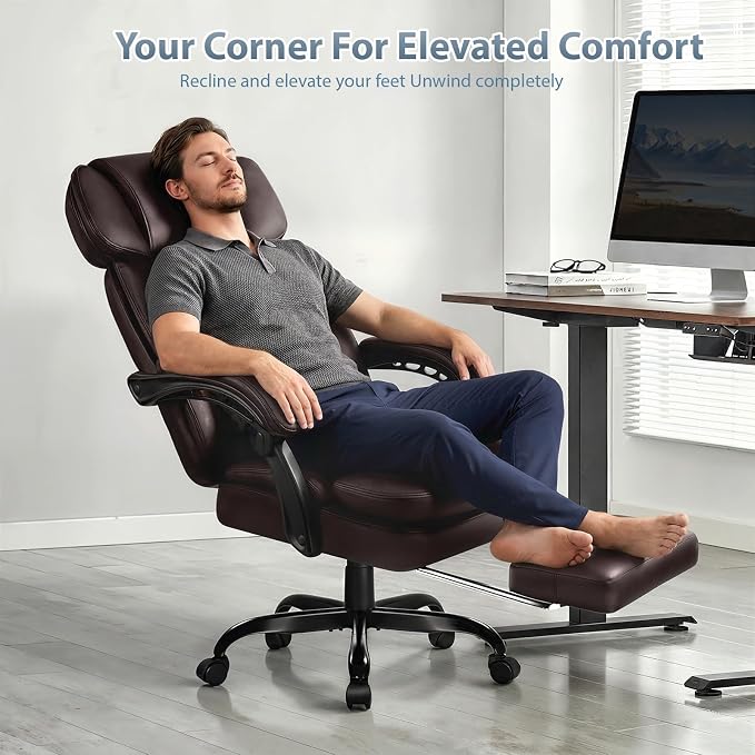 PRETZI Executive Office Chair 400LBS, Ergonomic Office Chair with Foot Rest, Heavy Duty Desk Chair for Home Office, Reclining High Back PU Leather Computer Chair Comfy, Brown