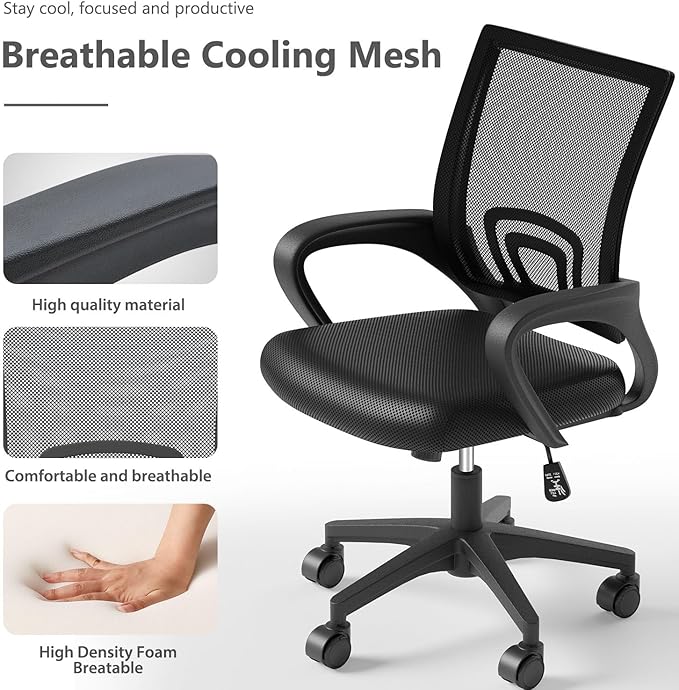 OS MOTOR Home Office Chair, Ergonomic Mid-Back Mesh Desk Chair with Lumbar Support, Adjustable Swivel Rolling Design, Comfy Armrest for Work, Study, Gaming, Vanity, Black
