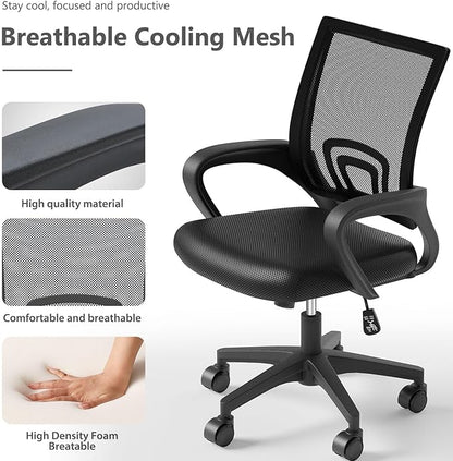 OS MOTOR Home Office Chair, Ergonomic Mid-Back Mesh Desk Chair with Lumbar Support, Adjustable Swivel Rolling Design, Comfy Armrest for Work, Study, Gaming, Vanity, Black