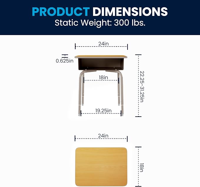 Flash Furniture Billie Student Desk - Maple Open Front School Desk - Silver Metal Frame - 24"W x 18"D Adjustable Height, Durable for School or Remote Learning