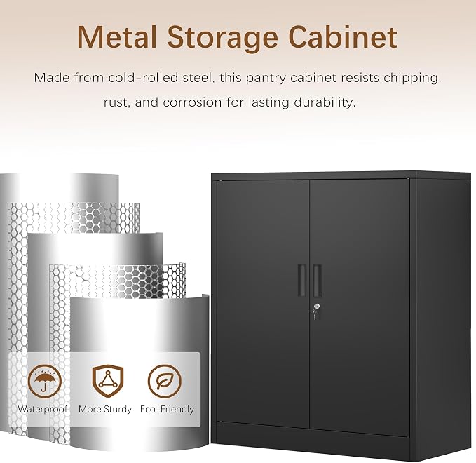 Metal Storage Cabinet, 36" H x 32" W x 16" D Locking Storage Cabinet, Metal Storage Cabinet with Locking Doors for Home, School, Office, Garage, Black