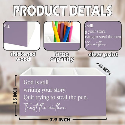 Purple Christian Pen Pencil Holder Organizer for Desk, Christian Gifts for Women, God Is Still Writing Your Story Bible Verse Wooden Box Sign for Home Office Desk Tabletop Decorations