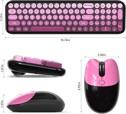Wireless Keyboard and Mouse Combo, Meidosa 2.4GHz Colorful Full-Size Retro Typewriter Keyboard with Cat Shape 3 Level Adjustable Optical Mouse for PC/Desktop/Laptop/Windows (Black Pink)
