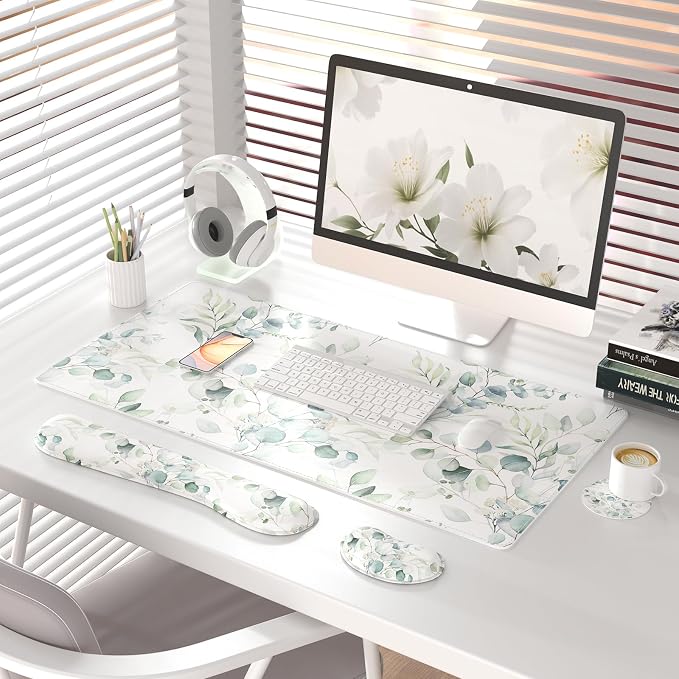 QIYI Leather Desk Mat Set, 4-in-1 Large Mouse Pad with Ergonomic Wrist Rest, Waterproof Desk Pad + Keyboard Wrist Rest + Mouse Wrist Support + Coaster, Non-Slip Office Gaming Accessories, Eucalyptus