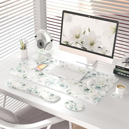 QIYI Leather Desk Mat Set, 4-in-1 Large Mouse Pad with Ergonomic Wrist Rest, Waterproof Desk Pad + Keyboard Wrist Rest + Mouse Wrist Support + Coaster, Non-Slip Office Gaming Accessories, Eucalyptus