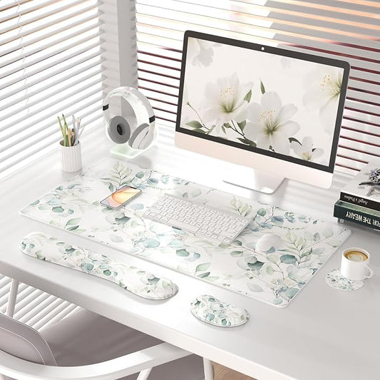 QIYI Leather Desk Mat Set, 4-in-1 Large Mouse Pad with Ergonomic Wrist Rest, Waterproof Desk Pad + Keyboard Wrist Rest + Mouse Wrist Support + Coaster, Non-Slip Office Gaming Accessories, Eucalyptus