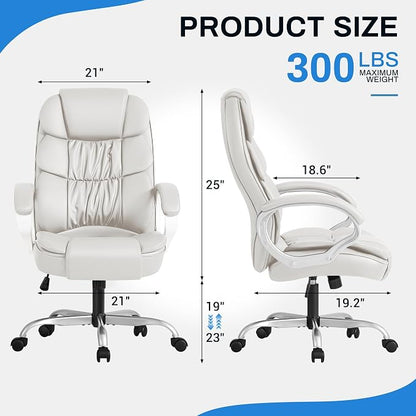 Furmax Leather High Back Office Chair Ergonomic Executive Office Chair Swivel Computer Desk Chair Lumbar Support Soft Cushioned Padded Arms (White)