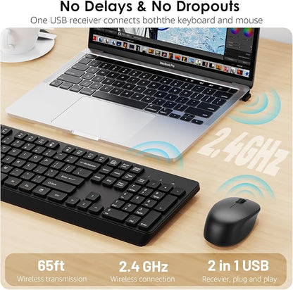 BKA BYA Wireless Keyboard and Mouse Combo,Full Size Quiet Bluetooth Keyboard and Mouse, 2.4GHz USB Receiver, Cordless Silent Keyboard and Mouse for PC, Windows, MAC, Laptop, Black