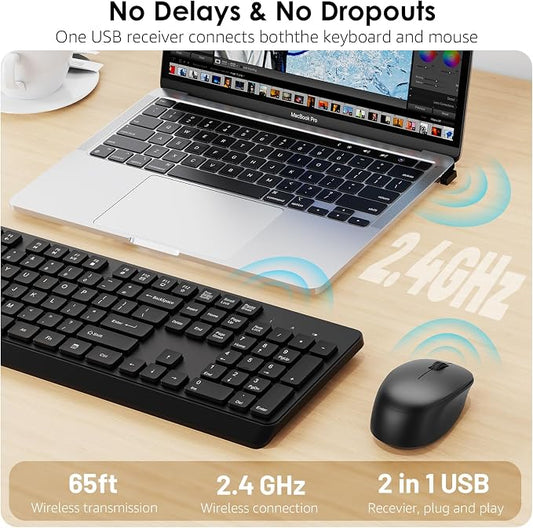 BKA BYA Wireless Keyboard and Mouse Combo,Full Size Quiet Bluetooth Keyboard and Mouse, 2.4GHz USB Receiver, Cordless Silent Keyboard and Mouse for PC, Windows, MAC, Laptop, Black